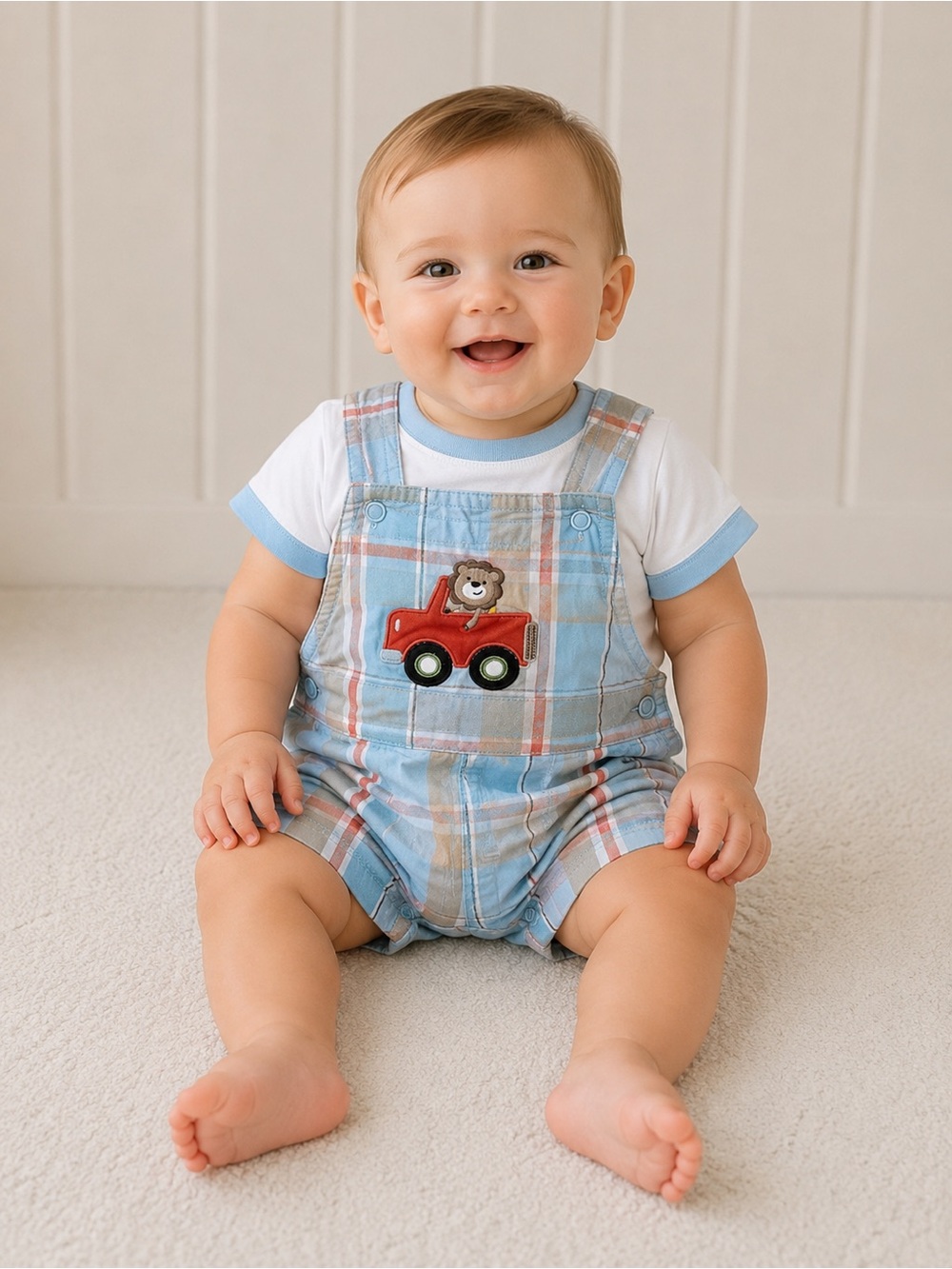 child of mine Light Blue Plaid Overalls with Red Truck Patch